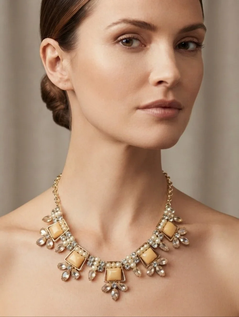 New Elegant Gold and Cream Statement Necklace - Women Jewelry - Picture 3 of 16
